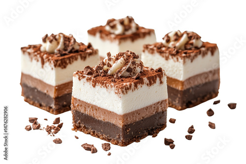 Delicious layered chocolate desserts with creamy toppings and chocolate shavings. Png, Transparent background.