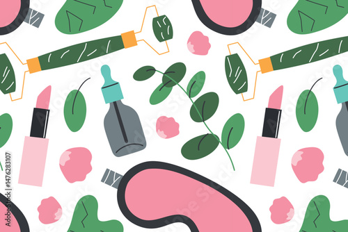 Flat cartoon pattern on womens self care with sleep mask, lipstick, serum, gua sha stone, jade roller, rose petals and eucalyptus leaves. Concept of beauty, skincare, wellness and feminine rituals