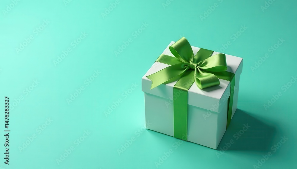 Obraz premium Elegant gift box, craft paper, green ribbon, turquoise background , detail, gift, texture