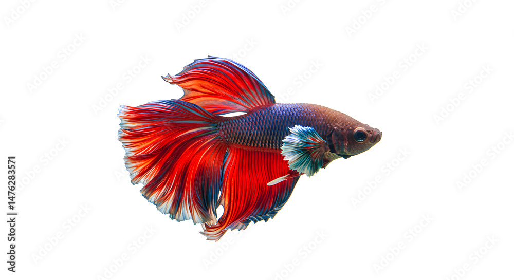 Fototapeta premium Vibrant Red and Blue Betta Fish Isolated on White