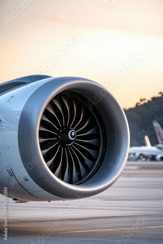Close-up of a powerful turbofan engine on an airplane, showcasing intricate details of the blades and casing at sunset