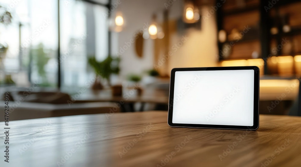 Blank tablet screen on wooden table in cafe Blank tablet screen on wooden table in cafe
