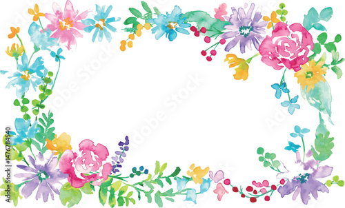 水彩画。水彩タッチのカラフルな春の花びらフレーム。色鮮やかな花のベクターイラスト。Watercolor. Colorful spring petals frame with watercolor touch. Vector illustration of colorful flowers.