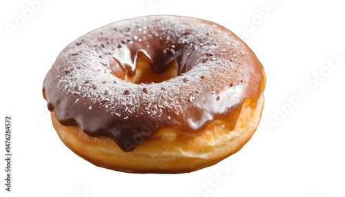 A glossy, round donut coated in a rich, smooth caramel glaze, perfectly centered against a stark white background, tempting with its sweet indulgence.