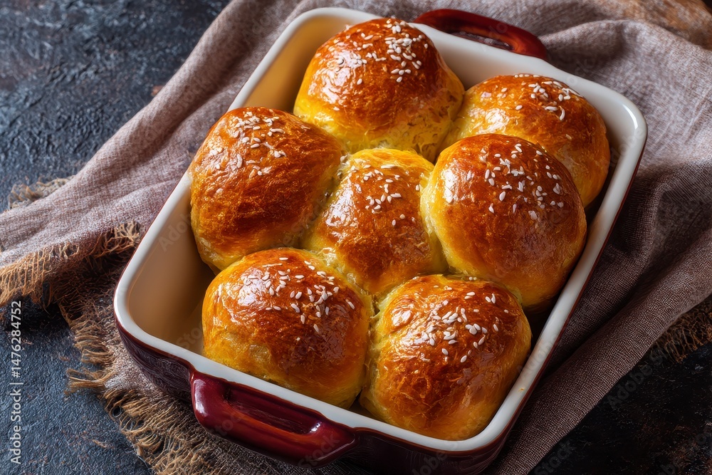 Fresh tasty buns in baking dish on table