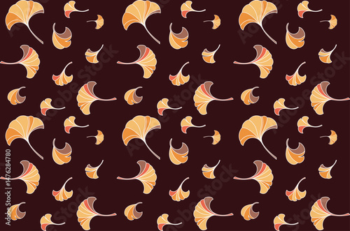 Repeating abstract drawing ginko leaf on deep brown background.