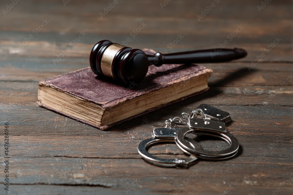 Book, judge's gavel and handcuffs on wooden table