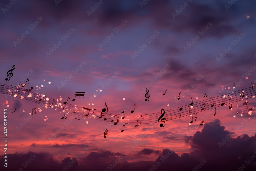Musical symbols in beautiful sunset sky with clouds