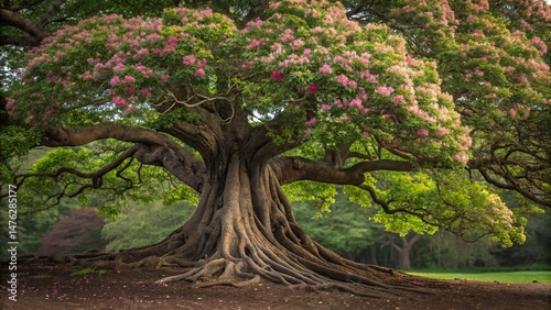 Magnificent old tree with pink blossoms, spreading branches, and intricate root system