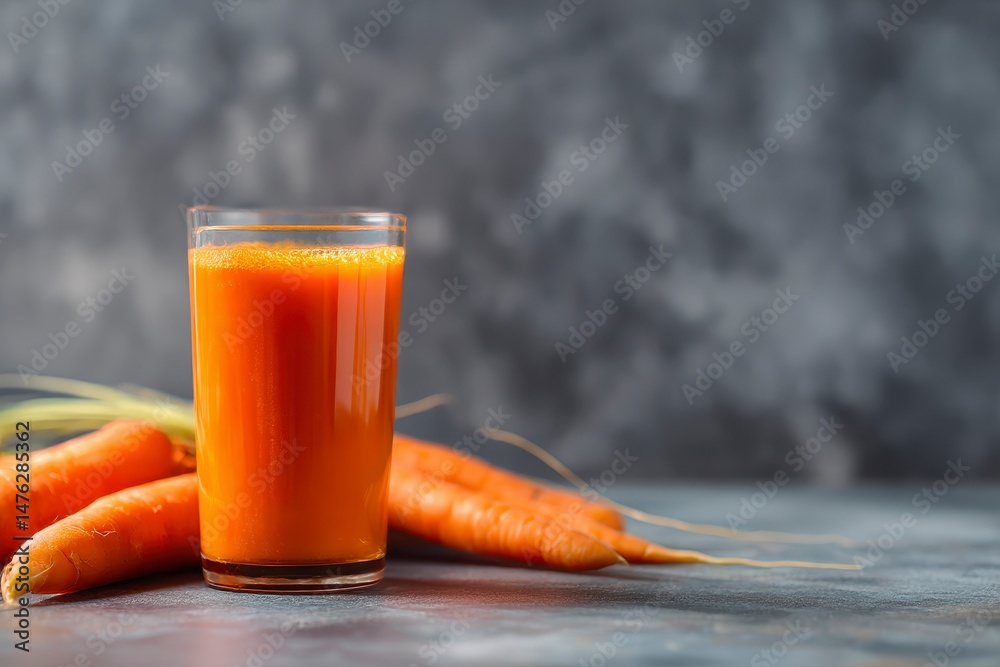Fresh carrot juice in glass on wooden table against gray background
