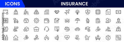 Insurance and assurance icon set. Containing healthcare medical, life, car, home, travel insurance icons.