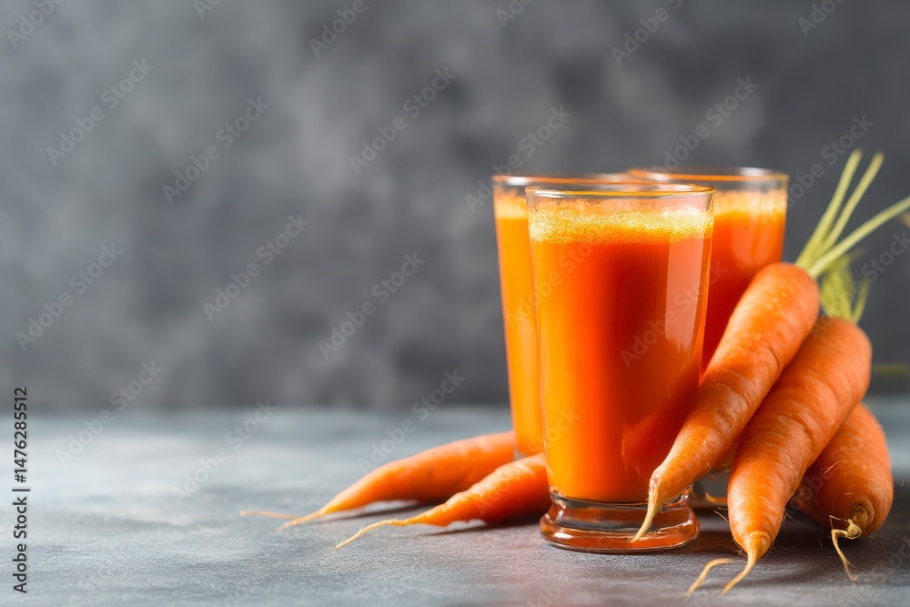 Fresh carrot juice in glass on wooden table against gray background