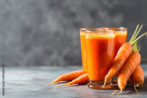 Obraz na płótnie Fresh carrot juice in glass on wooden table against gray background w salonie