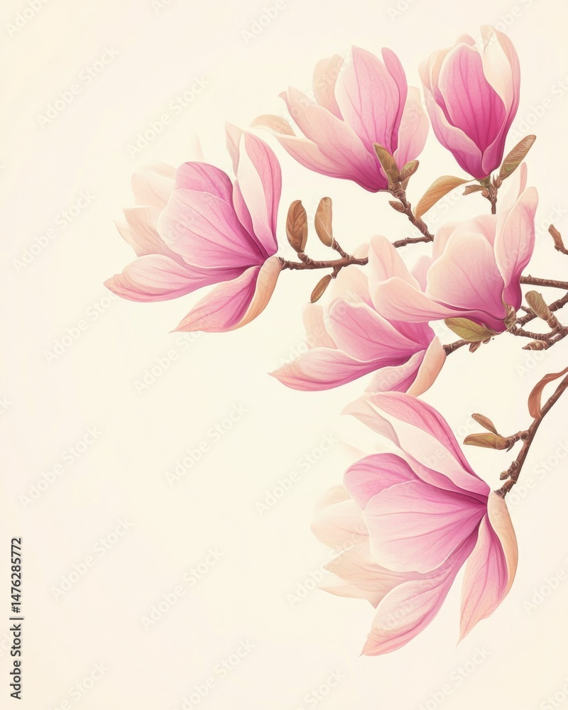 Naklejka premium Blooming pink magnolia flowers on branches against soft background floral botanical illustration