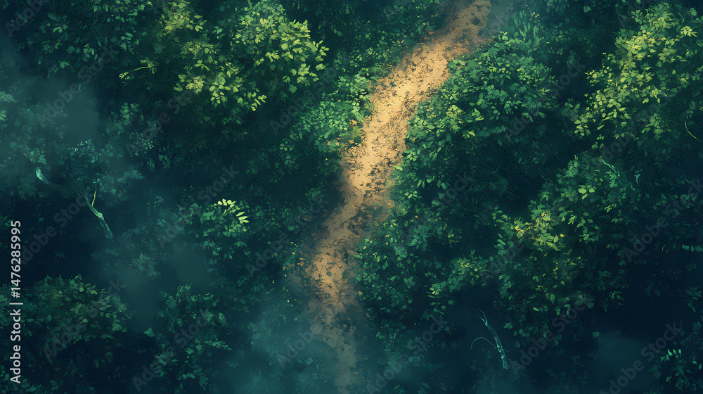 Obraz premium Overhead view of a trail of bread crumbs leading through a forest, food, journey, path, navigation, trail, walk, forest. [Obsidian Reverie] | Fogshard Maze | scattered trail. Illustration