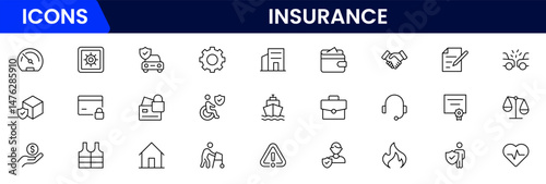 Insurance and assurance icon set. Containing healthcare medical, life, car, home, travel insurance icons.
