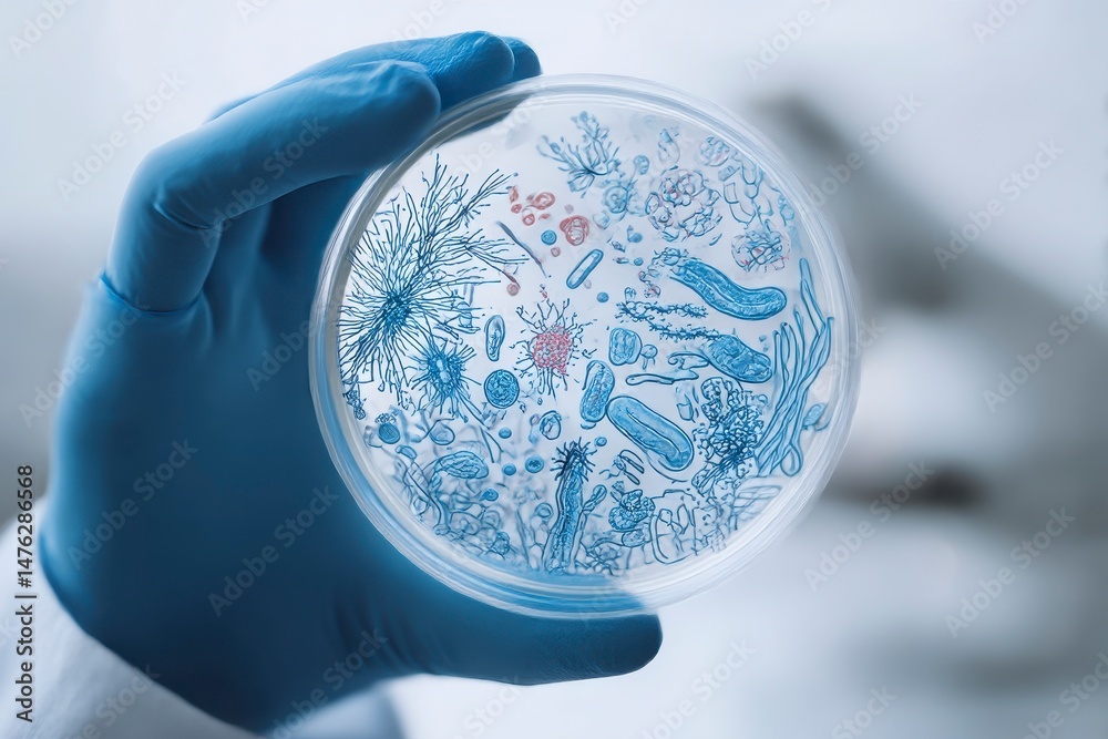 Scientist holding Petri dish with microbes on white background