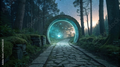 Mystical Stone Gateway in Dark Forest Illuminates Pathway to Another World