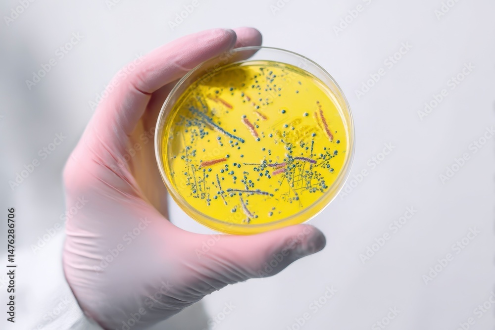 Scientist holding Petri dish with microbes on white background