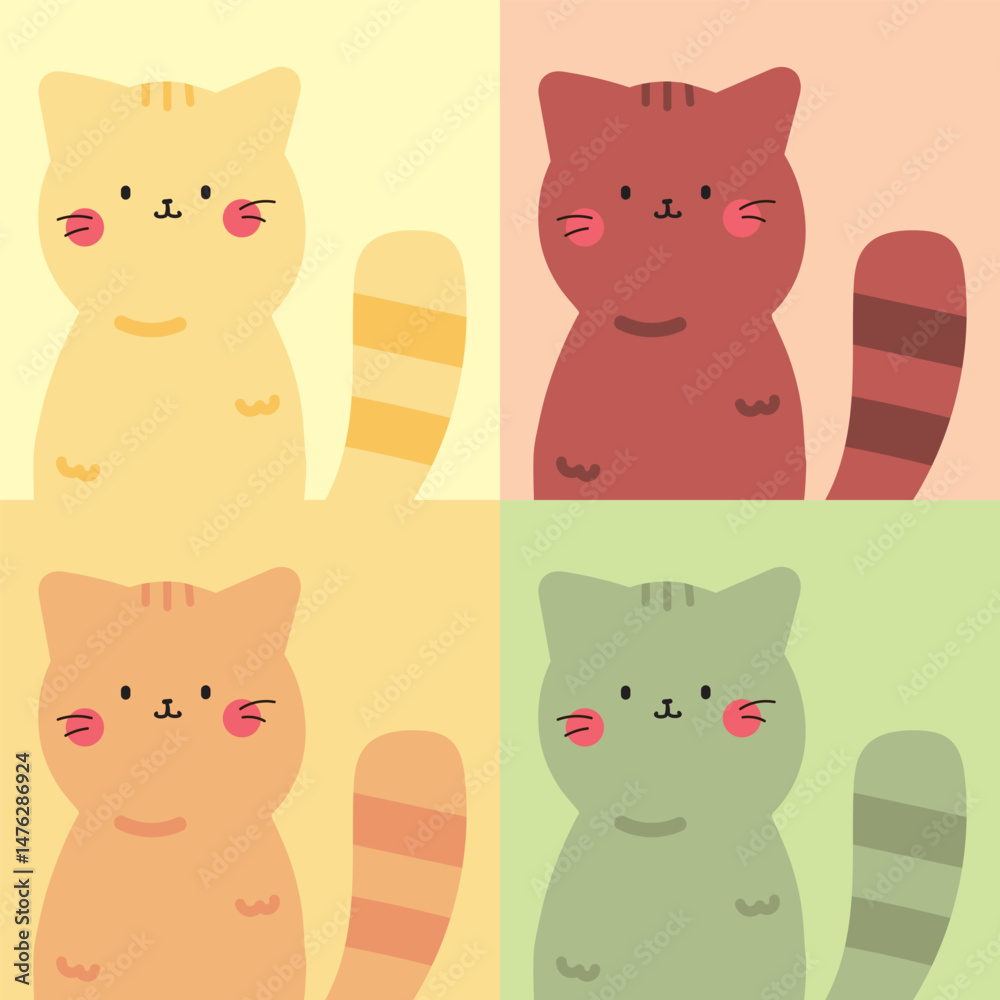 Fototapeta premium Four cute cats set colorful cats cartoon cats