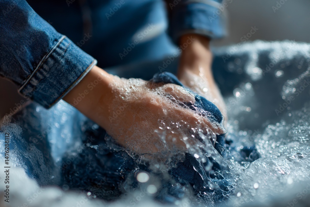 Woman washing denim clothes with soap and water in basin