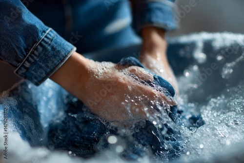 Obraz na płótnie Woman washing denim clothes with soap and water in basin w salonie