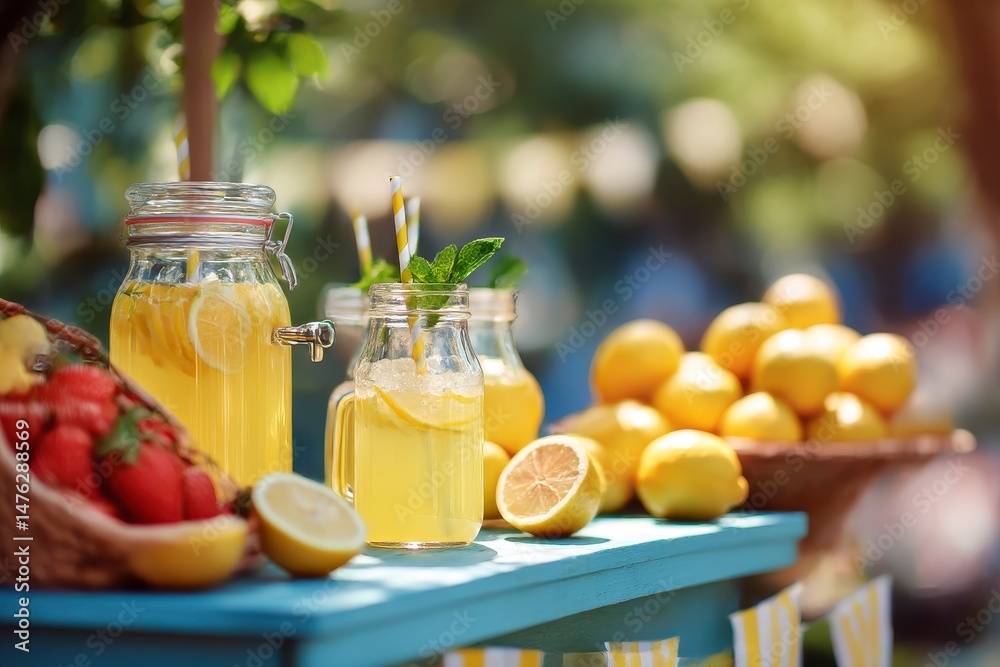 Lemonade stand with refreshing drink and fresh fruits in park