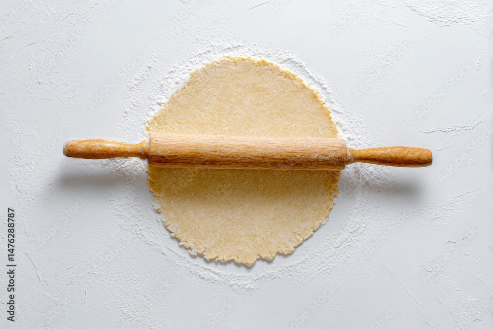 Cooking homemade pie. Raw dough and rolling pin on white background