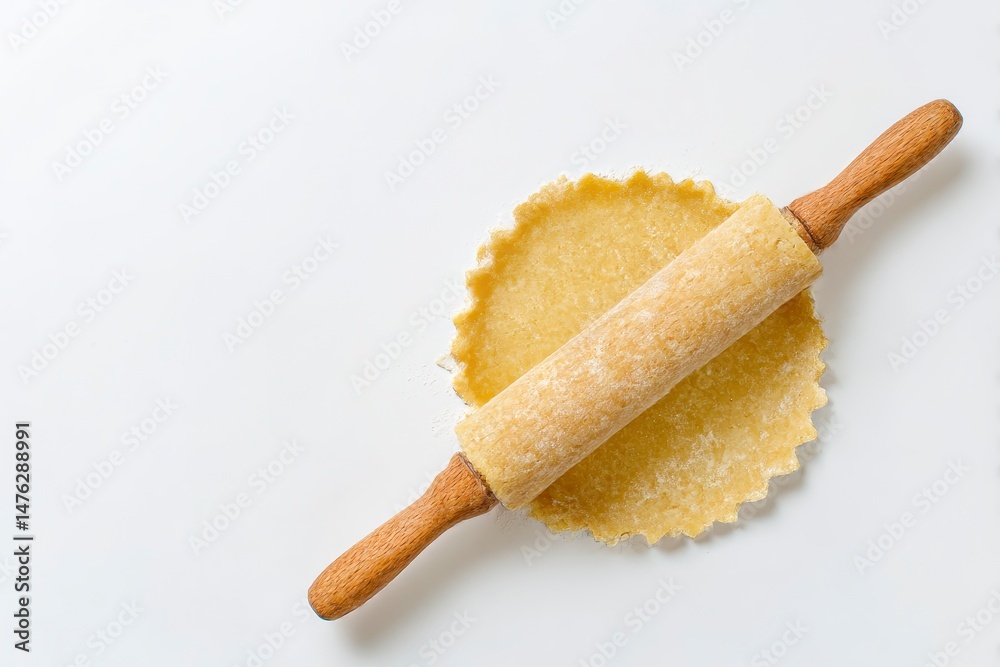 Cooking homemade pie. Raw dough and rolling pin on white background