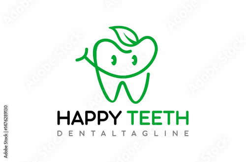 Happy Teeth Dental Logo Design, green leaf with smiley teeth logo, kids dental implant logo, eco teeth with leaf logo, dentist orthodontics Vector Icon Symbol Silhouette Illustration brand identity