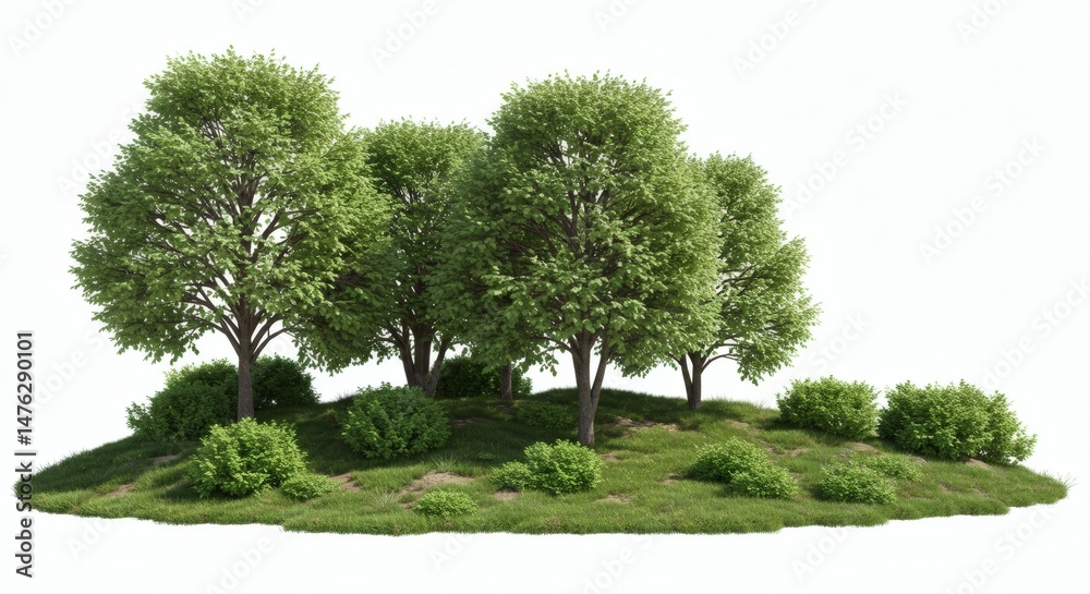 Fototapeta premium Island of Green Lush Trees and Shrubs on a Grassy Mound.