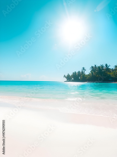 Bright midday tropical scene, turquoise water reflecting sun, flawless white beach