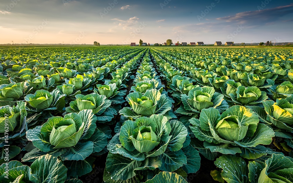 Fototapeta premium Serene Sunset over Lush Cabbage Field A Captivating View of Agricultural Abundance and Natural Beauty