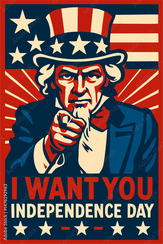 Ταπετσαρία Vintage-style Independence Day poster featuring Uncle Sam pointing with bold “I WANT YOU” and “INDEPENDENCE DAY” text in red, white, and blue patriotic design