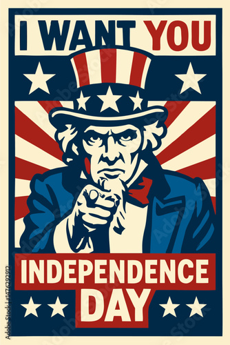 Vintage-style Independence Day poster featuring Uncle Sam pointing with bold “I WANT YOU” and “INDEPENDENCE DAY” text in red, white, and blue patriotic design.