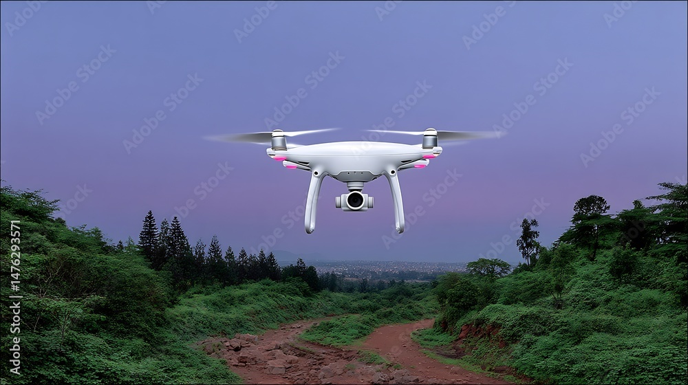 Drone Aerial View Twilight Flight Over Lush Landscape. Drone Aerial View Twilight Flight Over Lush Landscape.