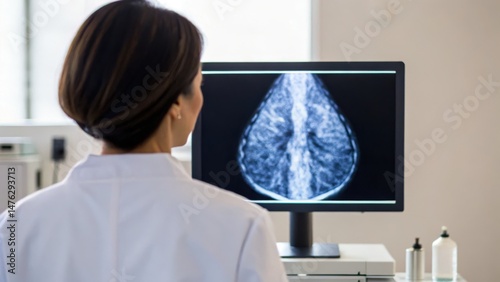 A medical professional examines a mammogram on a computer screen, focusing on breast health and diagnostics in a clinical setting.