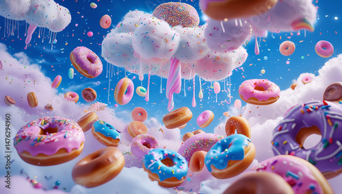  Imagine a dreamlike sky filled with floating doughnuts, cotton candy clouds, and raining sprinkles. A magical world where the atmosphere itself is dessert.
