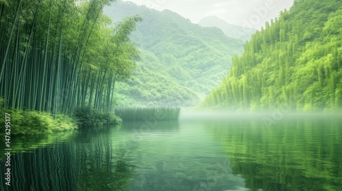 A serene landscape featuring a calm river surrounded by dense bamboo forests and misty mountains