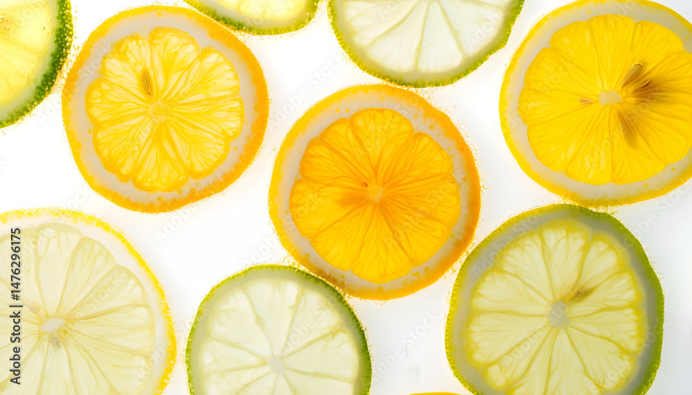 Fototapeta premium Soda water with lemon slices against white background, closeup