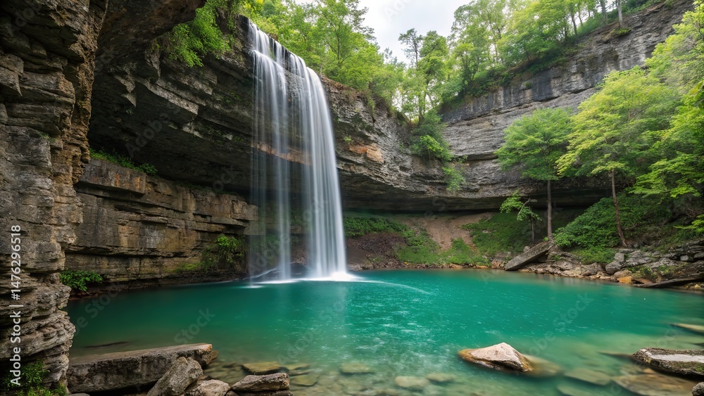 Fototapeta premium Spectacular Waterfall Cascading into Turquoise Pool Surrounded by Lush Greenery and Rocky Cliffs