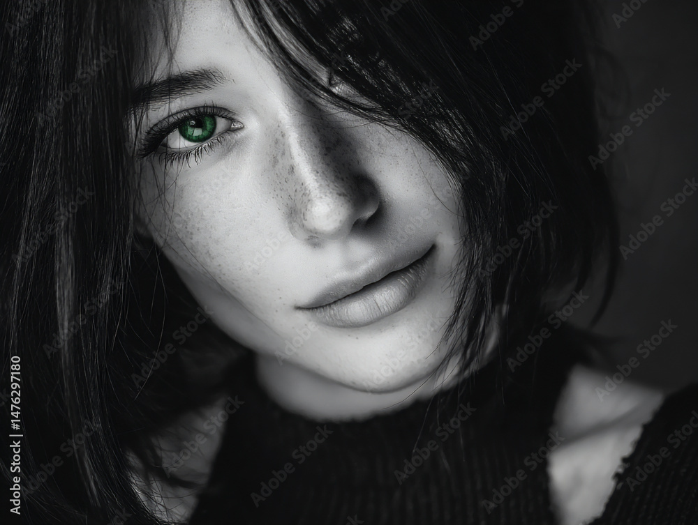 Fototapeta premium a young woman's black and white profile portrait with her emerald green eyes as the sole color element, creating a captivating focal point