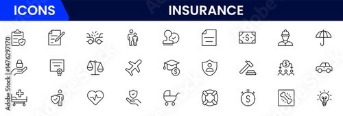 Insurance and assurance icon set. Containing healthcare medical, life, car, home, travel insurance icons.