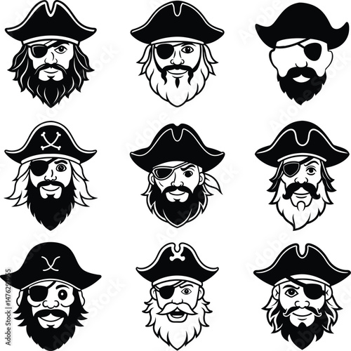 Pirate Face Icons Set. Black and White Beard Pirate Vector Heads with Hats and Eyepatches