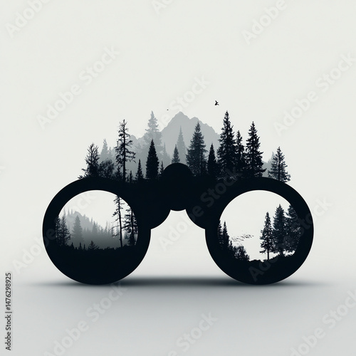 Minimalist black vector of binoculars with trees and mountains inside the lenses, symbolizing adventure eco-tourism, on white background