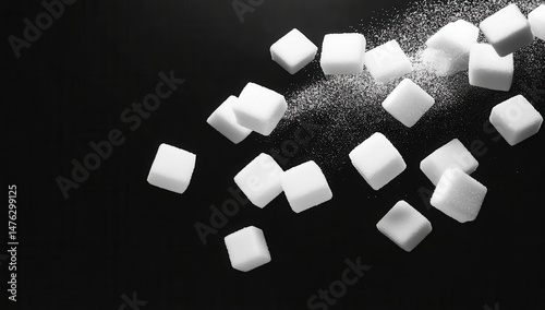 White sugar cubes scattered on a black background.  A flurry of sugar crystals is dispersed around them