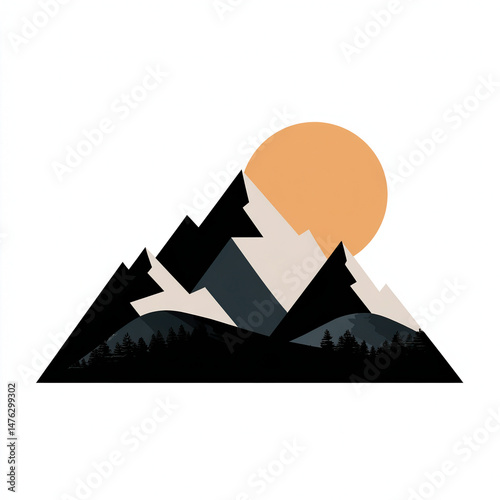 Modern geometric black vector icon of two mountains mirrored inside a rectangle, travel and nature theme, on white background