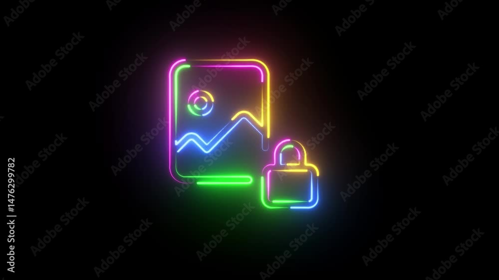 Glowing neon Image gallery icon with security icon in black background .Gallery lock icon , photo album icon, image picture symbol.neon sign .