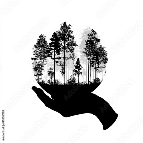 Simple black vector illustration of a hand holding a small Earth with trees, eco-tourism conservation concept