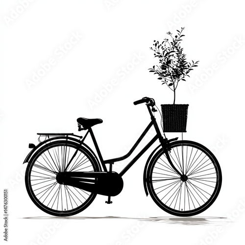 .Simple black vector of a bicycle with a plant growing from the basket, eco-travel and sustainability symbol on white background